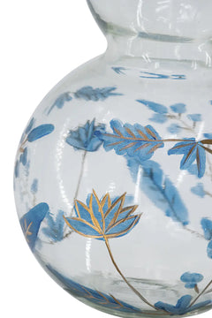 Round Clear Glass Vase with Blue and Gold Botanical Motifs perspective