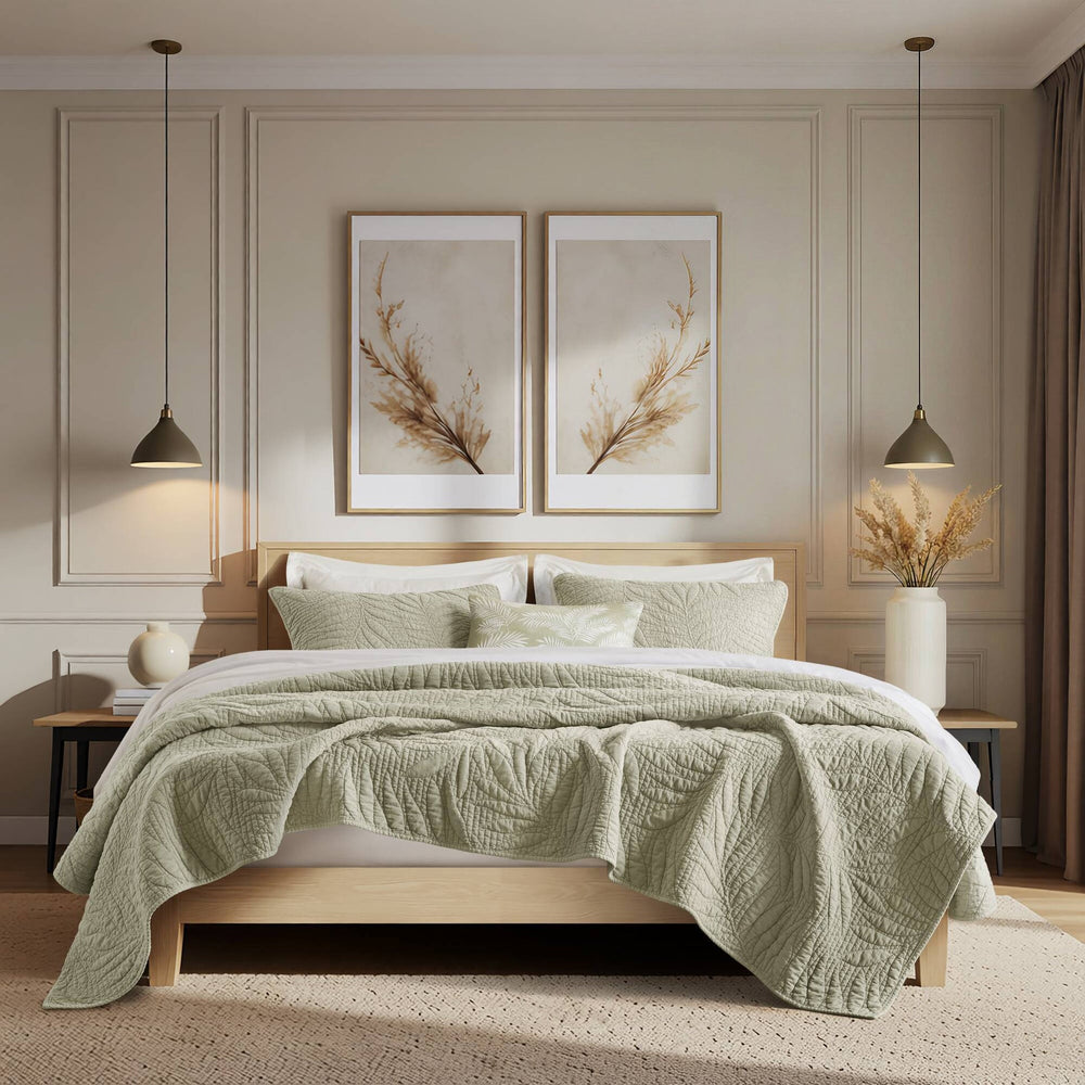 King 3 Piece Cotton Quilt Set Sage Media 8