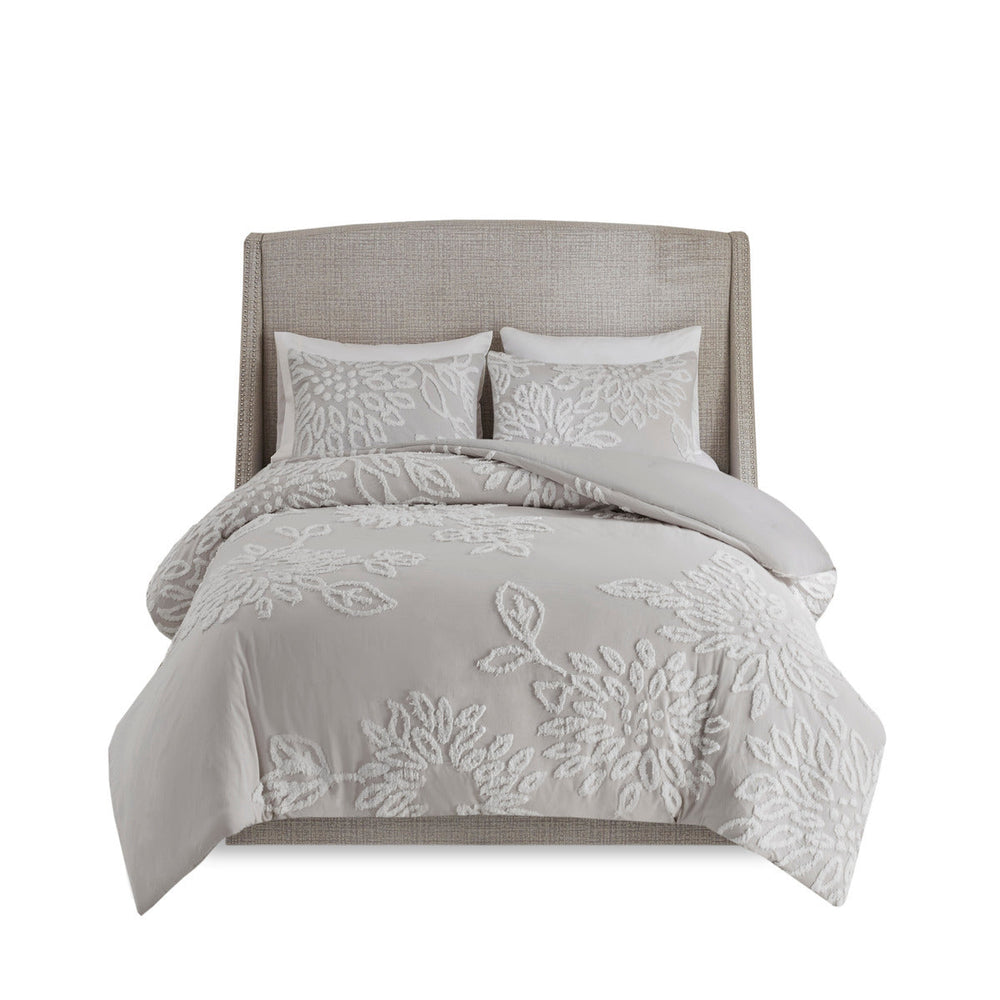 3 Piece Tufted Cotton Chenille Floral Comforter Set Warm Grey/White Full/Queen Media 11