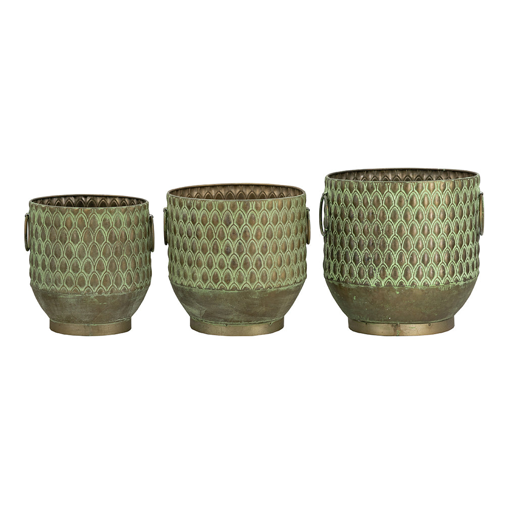 S/3 Textured Green Iron Planters with Tapered Bases Media 5