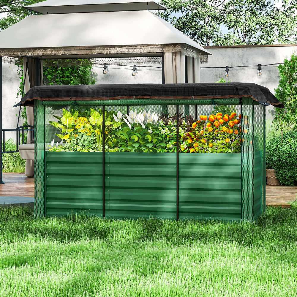 Outsunny Galvanized Raised Garden Bed, Planter Box with Crop Cage and Shade Cloth, Green Media 11