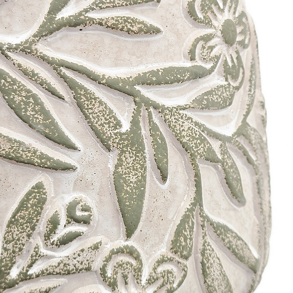 S/2 Gray Sand and Cement Planters with Etched Green Floral Motif, L:D6.7x6.3' S:D5.5x5' Media 8