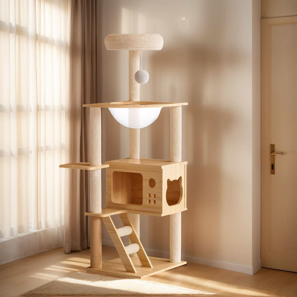 48.8' Modern Cat Tower, Wood Cat Tree Tower for Indoor Cats, Cat Tree with Sisal-Covered Scratching Posts and Top Perch, Cat Condo with Acrylic Hammock for Small Large Cats Media 7