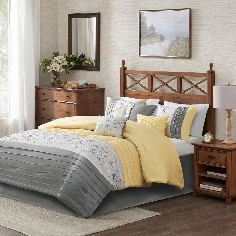 Embroidered 7 Piece Comforter Set Yellow King Media 1
