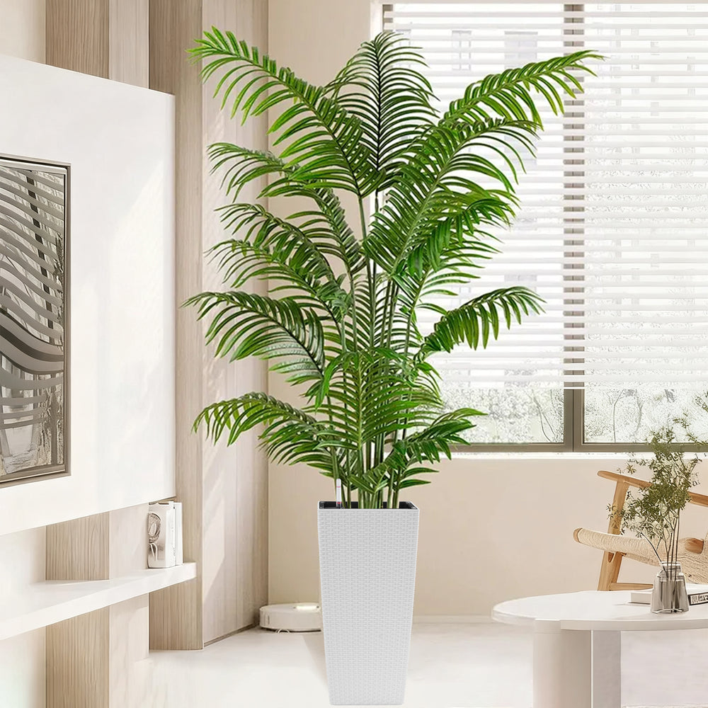Pack of 2 Square Planter 22-Inch High Faux Rattan Design Flower Pot with Automatic Watering System for Porch, Patio, Backyard, Makes Keeping Flowers Easier White Media 12