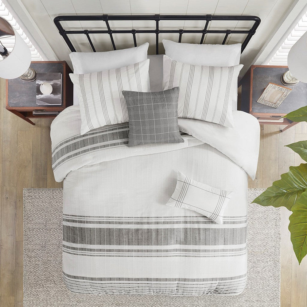 5 Piece Cotton Jaquard Duvet Set White/Grey Full/Queen Media 8