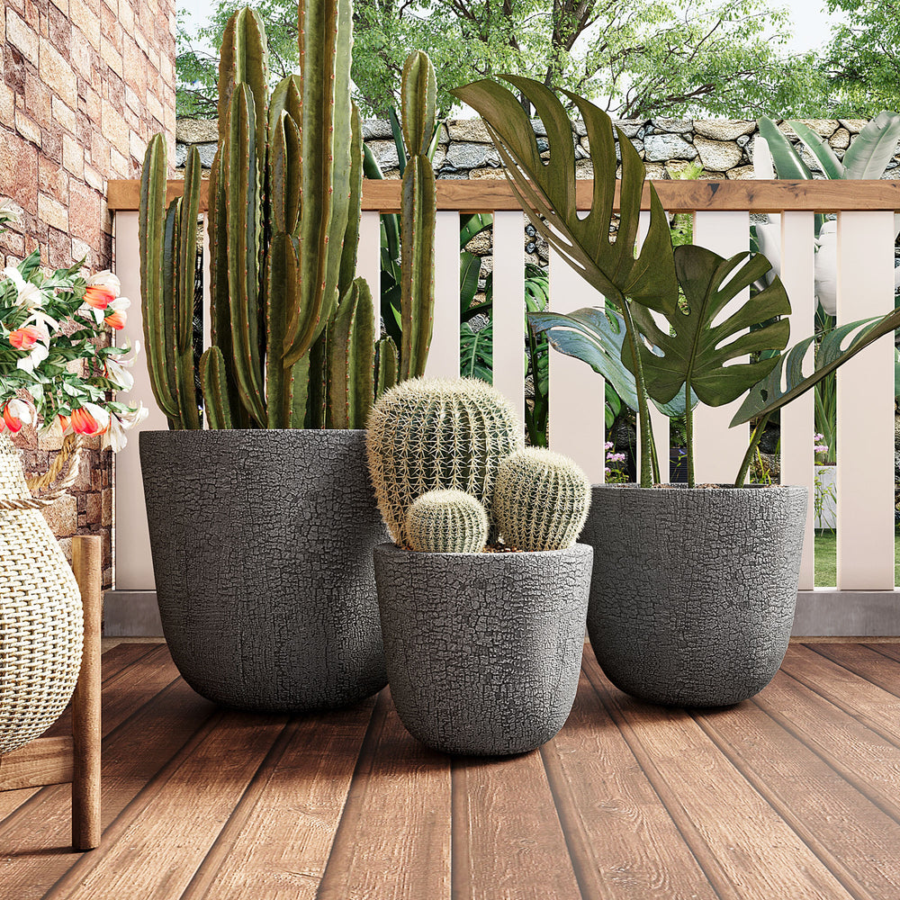 U_STYLE Lightweight MGO Planter Set of 3,16.93'+13.78'+11.02' Dia Round Concrete Stackable Flower Pots with Drainage Holes and Rubber Plug,Crackle Stone Texture for Patio Garden Balcony Indoor Outdoor Media 1