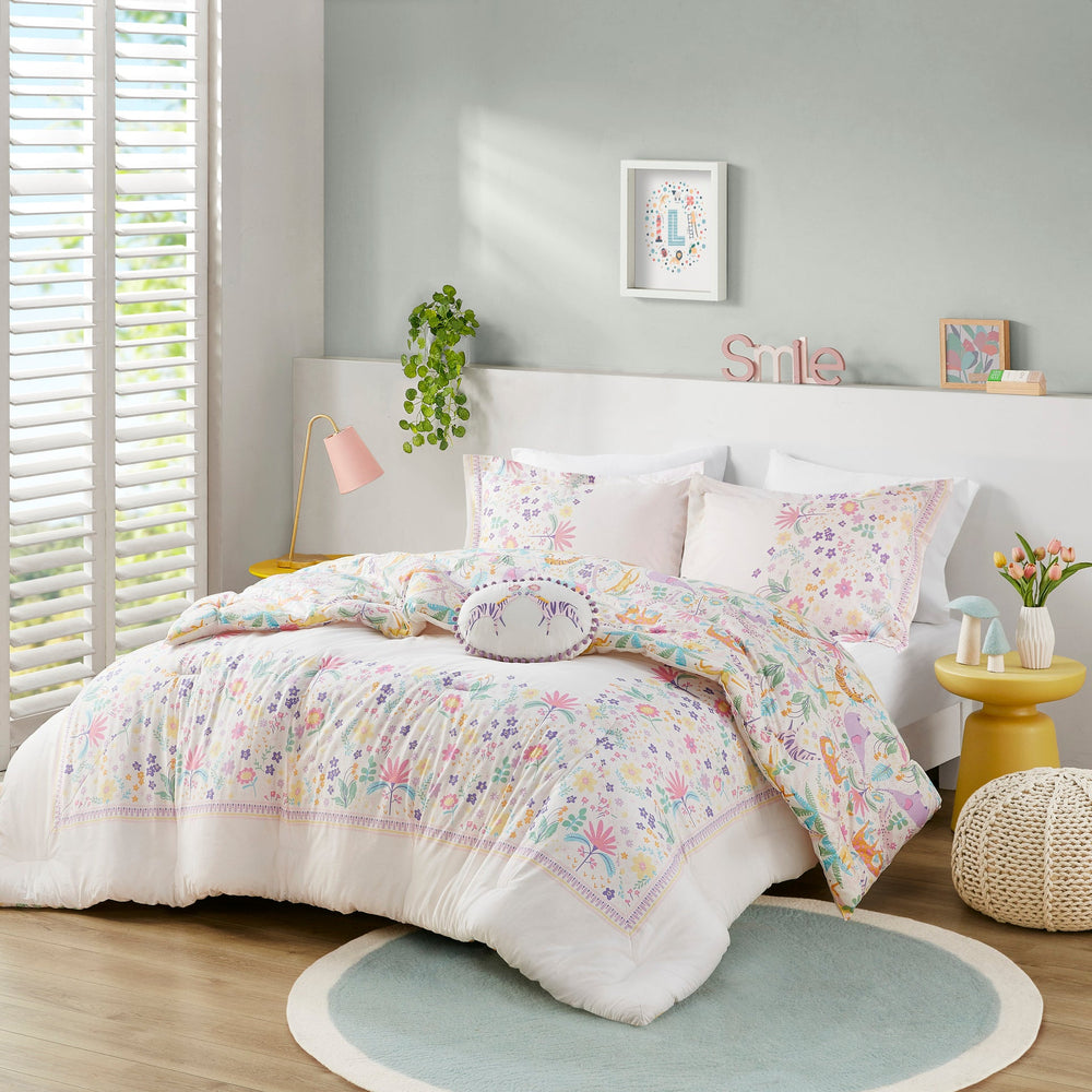 3 PCS Twin Floral Reversible Cotton Comforter Set with Throw Pillow Purple Media 1