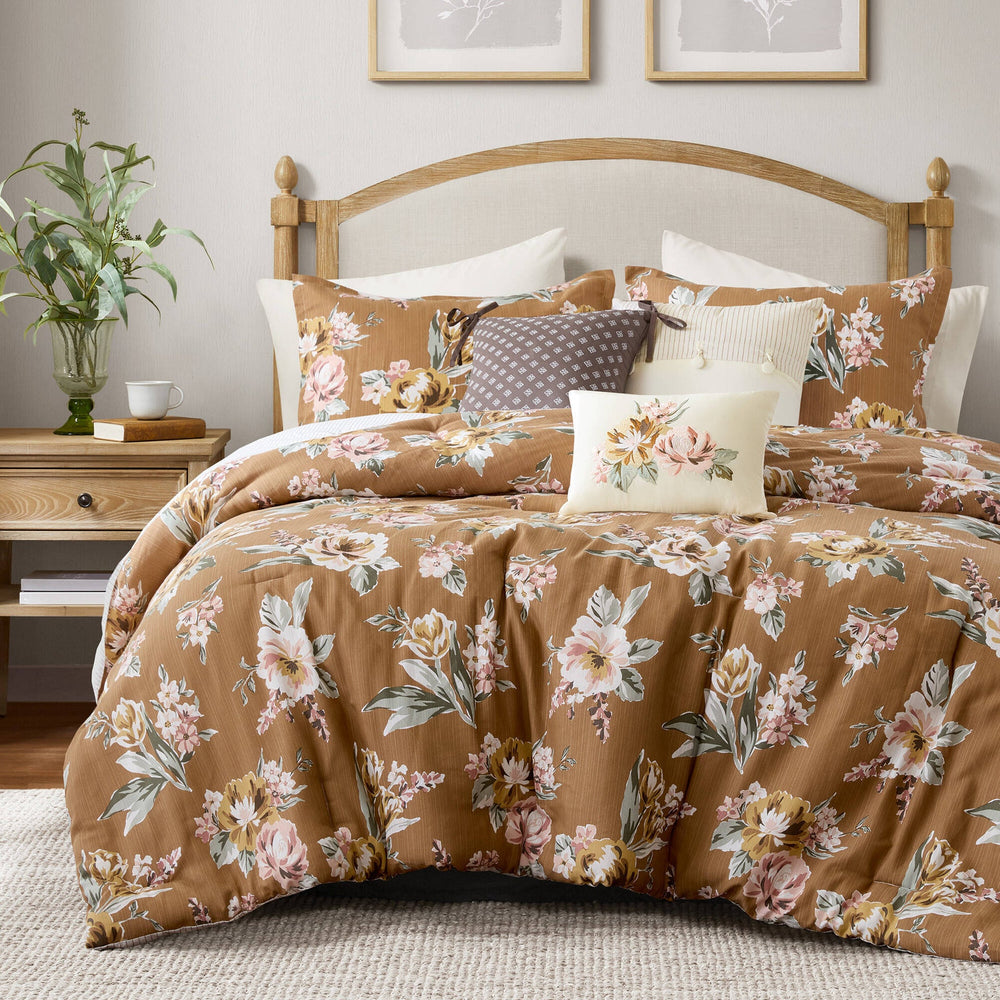 7-Piece Queen Vin  Floral Comforter Set, Terracotta Media 4