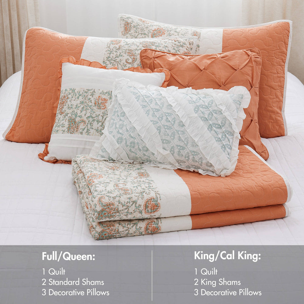 6 Piece Cotton Percale Quilt Set with Throw Pillows Coral King/Cal King Media 2