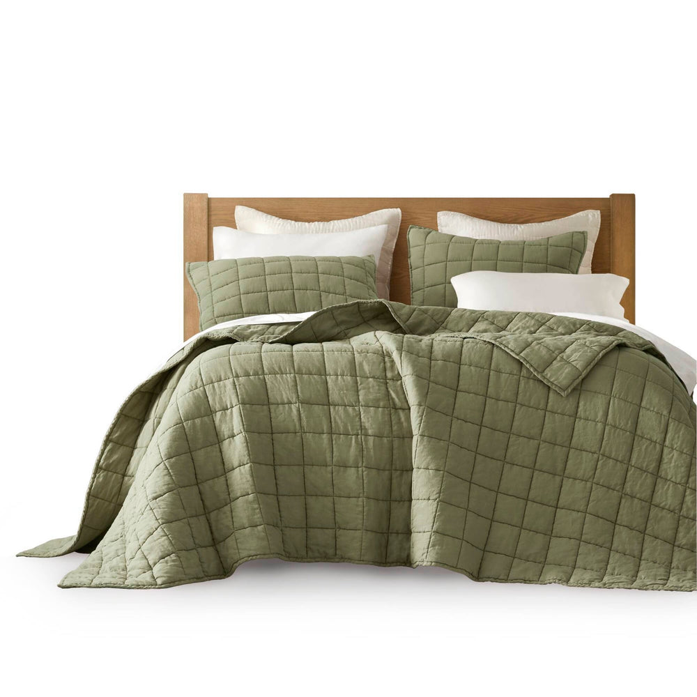 3-Piece Full/Queen Linen Garment Washed Quilt Set,Olive Green Media 10