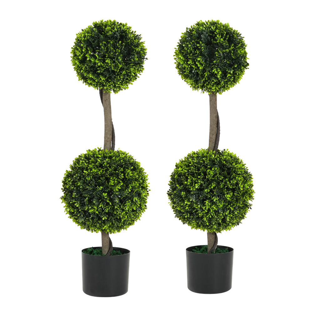 34' Artificial Topiary Boxwood Tree Double Ball with Black Plastic Pot, Set of 2 Media 1