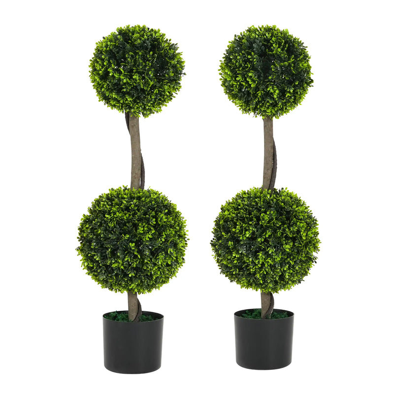 34' Artificial Topiary Boxwood Tree Double Ball with Black Plastic Pot, Set of 2