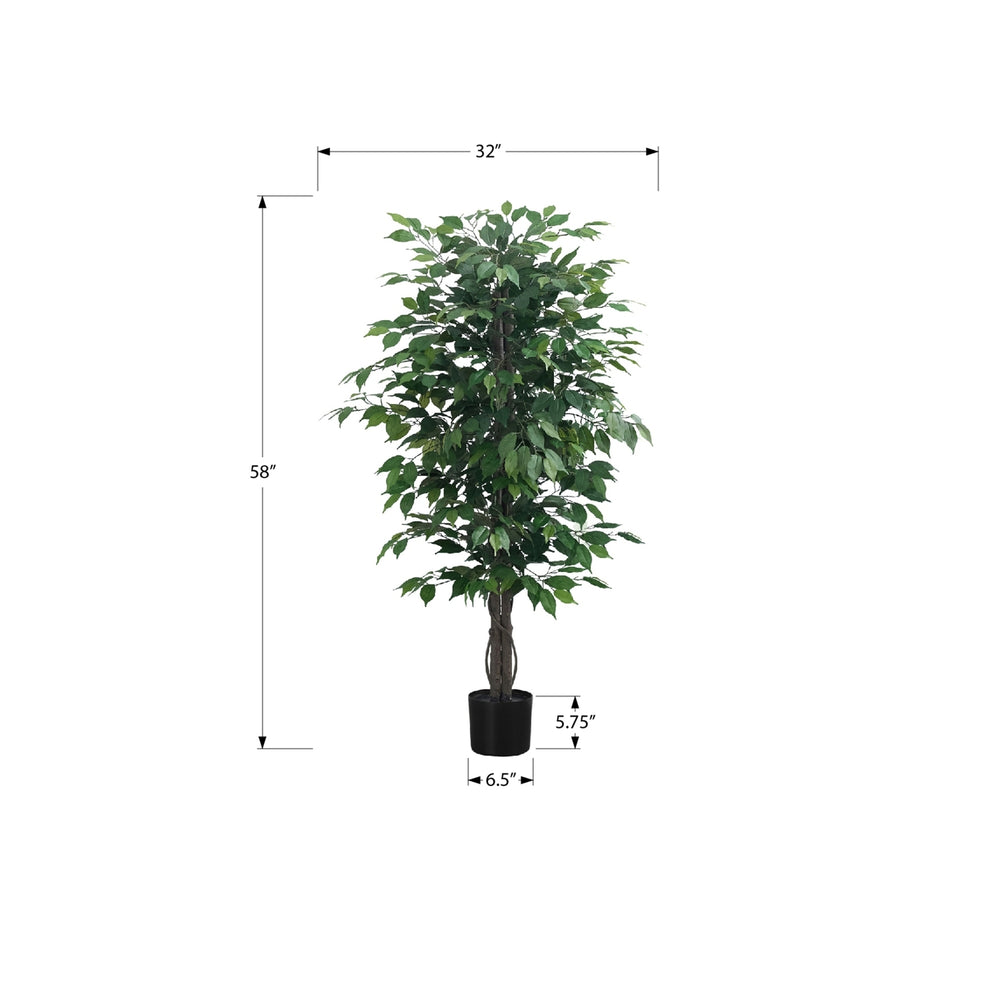 Artificial Ficus Tree Indoor Floor Plant, 58' Tall, Green Leaves, Black Pot, Faux Greenery Decorative Potted Plant Media 3