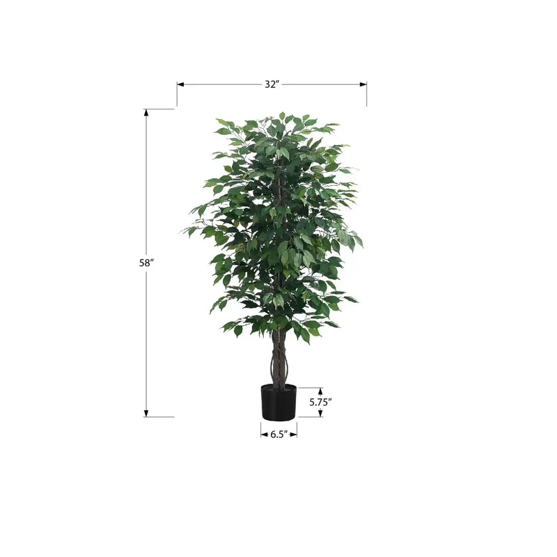 Artificial Ficus Tree Indoor Floor Plant, 58' Tall, Green Leaves, Black Pot, Faux Greenery Decorative Potted Plant