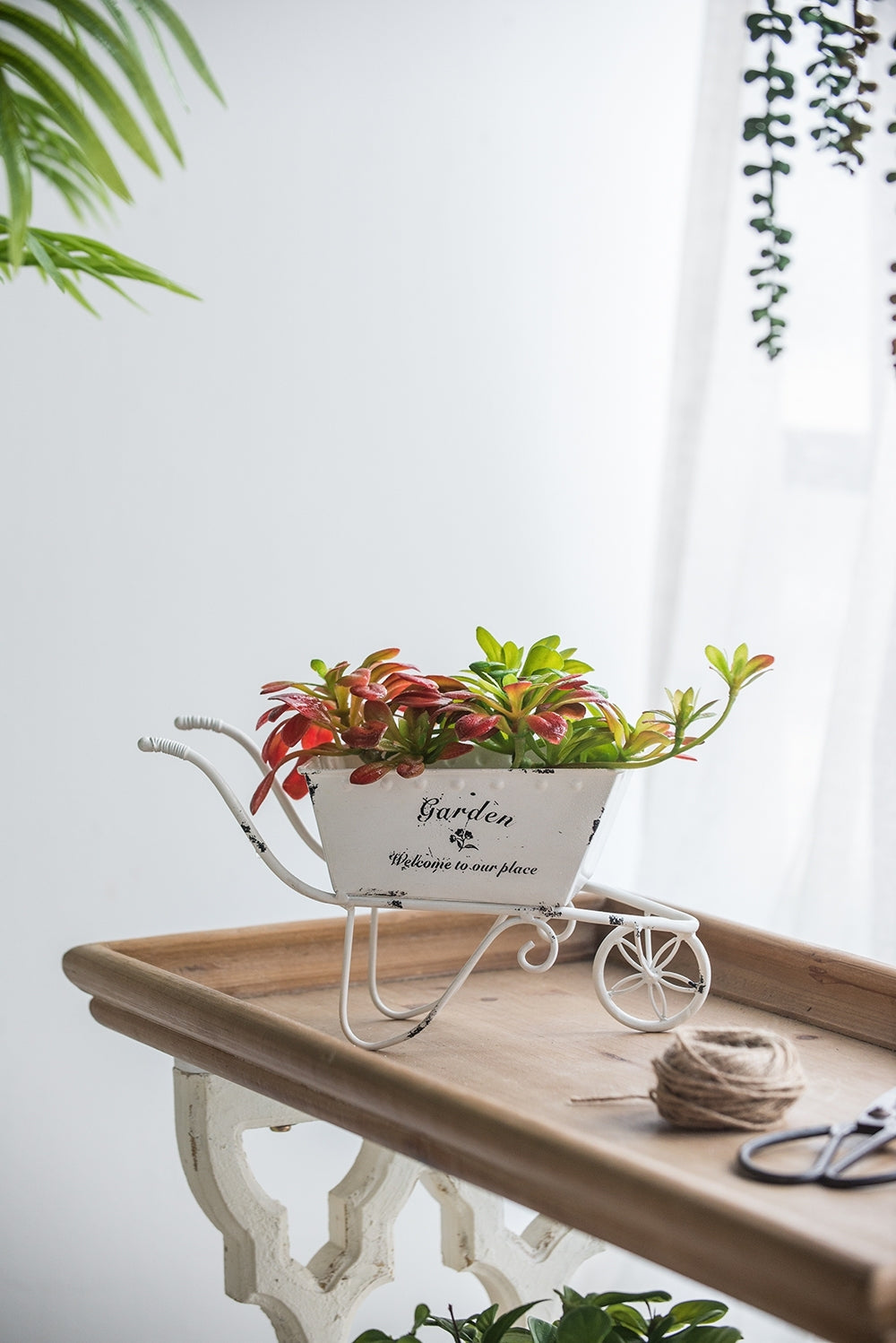 11.5x4x7' White Metal Decorative Disressed Wheelbarrow Planter, Tabletop Decor Media 1