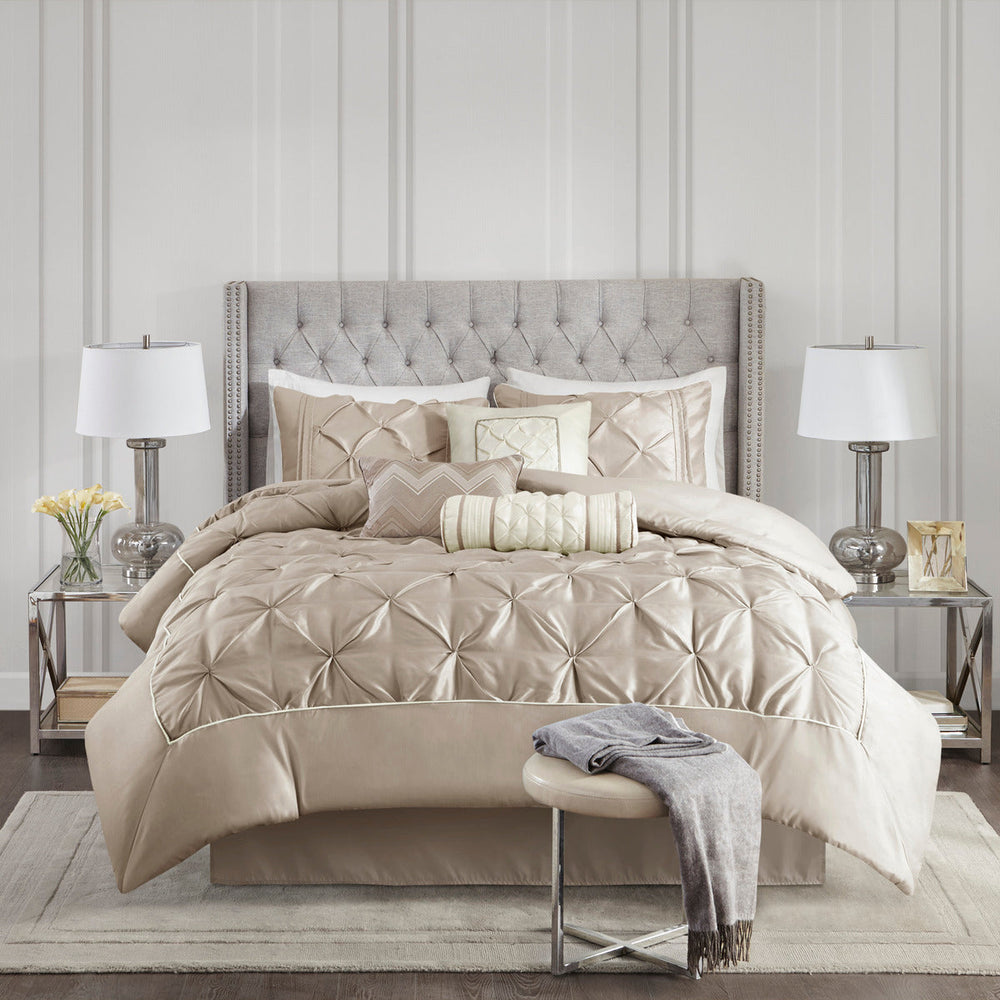 7 Piece Tufted Comforter Set Taupe Cal King Media 1
