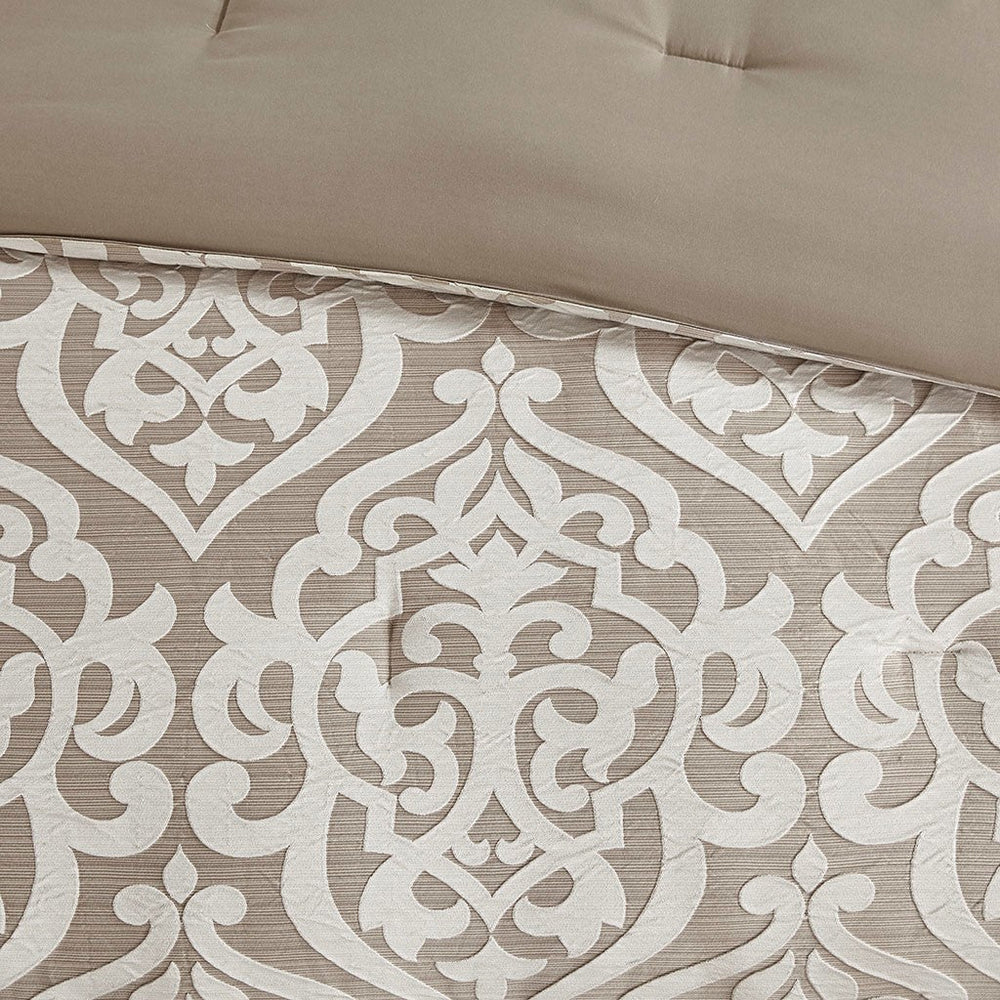 8 Piece Jacquard Comforter Set Tan/Ivory Queen Media 9