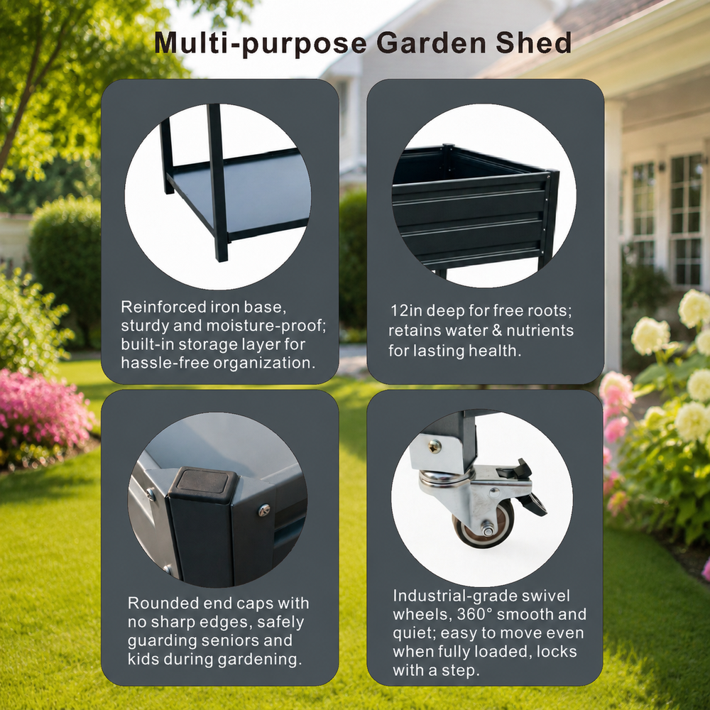 Dual Tier Elevated Metal Raised Garden Bed with Lockable Wheels & Lower Storage Shelf, Dark Gray Staggered Raised Planter Box for Vegetables Herbs Flowers, Outdoor Patio Backyard Raised Planting Bed Media 8