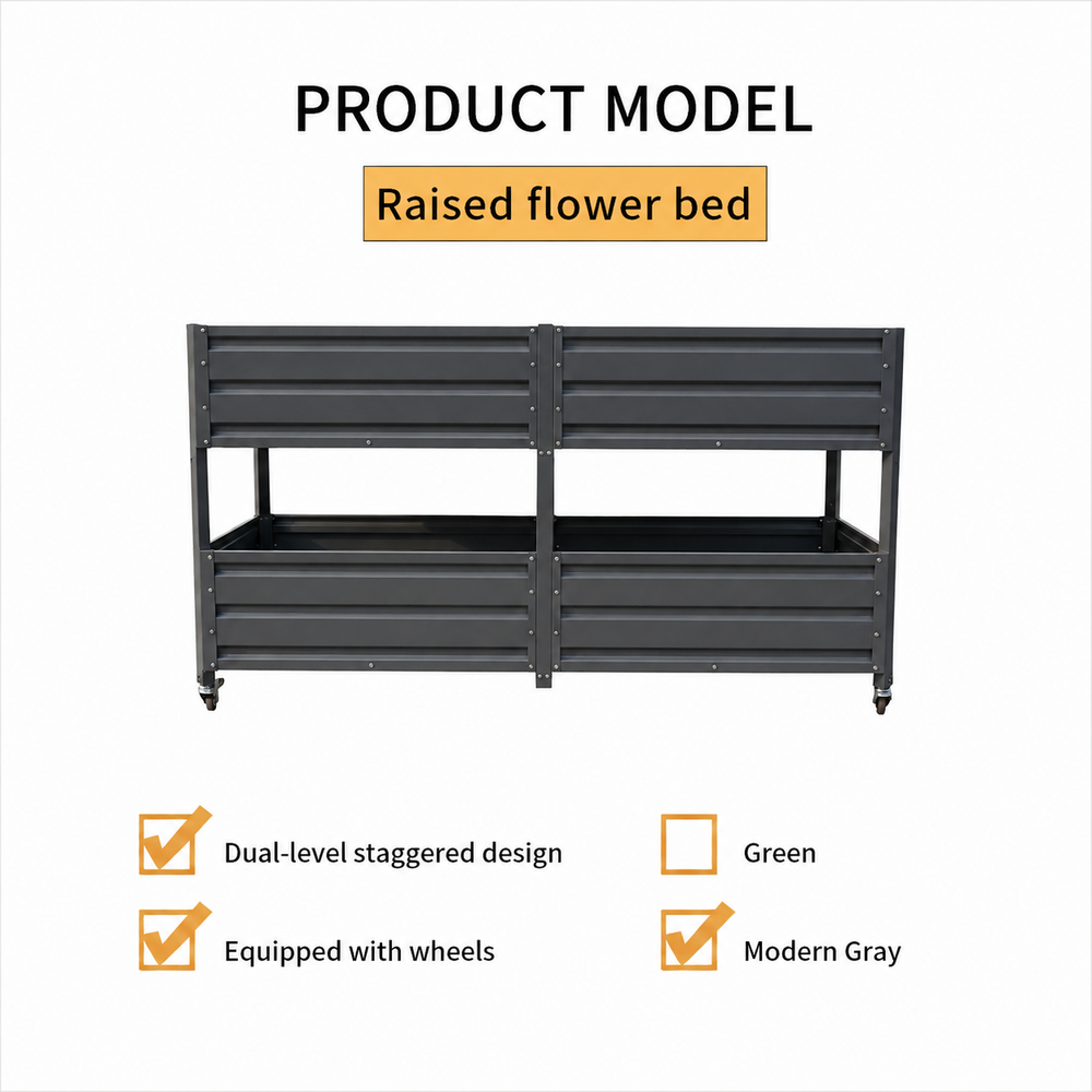 Dual Tier Elevated Metal Raised Garden Bed with Lockable Wheels, Staggered 2-Layer Raised Planter Box for Vegetables Herbs Flowers, Outdoor Patio Backyard Green Planting Bed,Grey Media 22