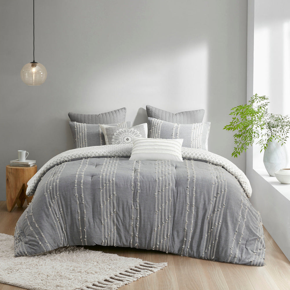 3 Piece Cotton Jacquard Comforter Set Gray Full/Queen Media 2