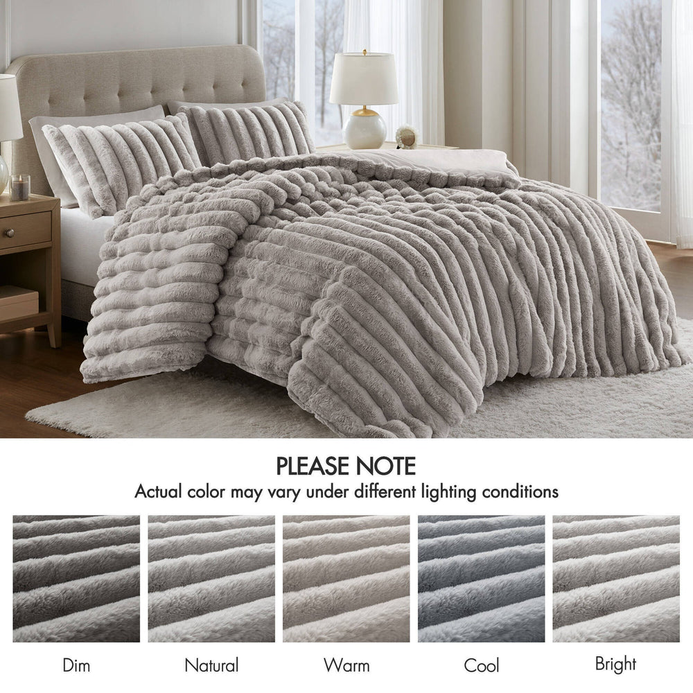 3 Pieces King  soft Faux Fur Ribbed Comforter Set,Light Gray Media 2