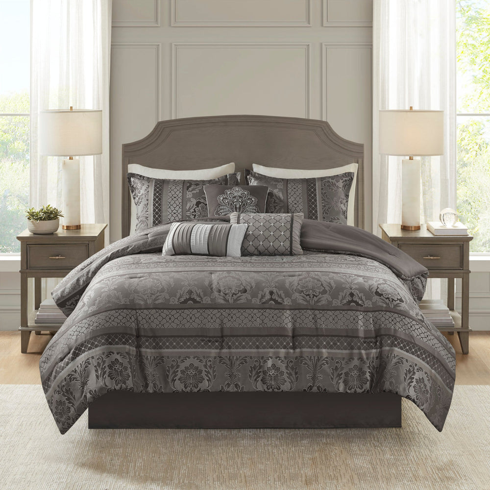 7 Piece Jacquard Comforter Set Grey King Media 10