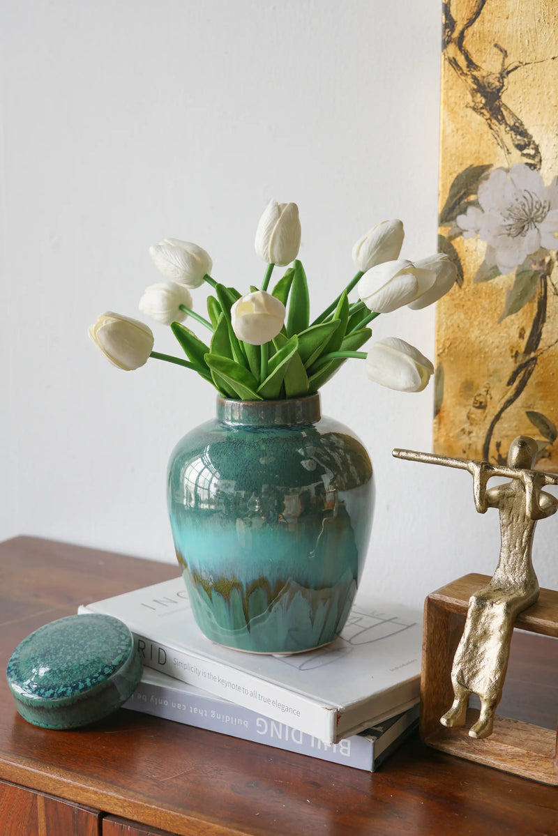 Round Ceramic Lidded Jar With Reactive Glaze And Subtle Ridges