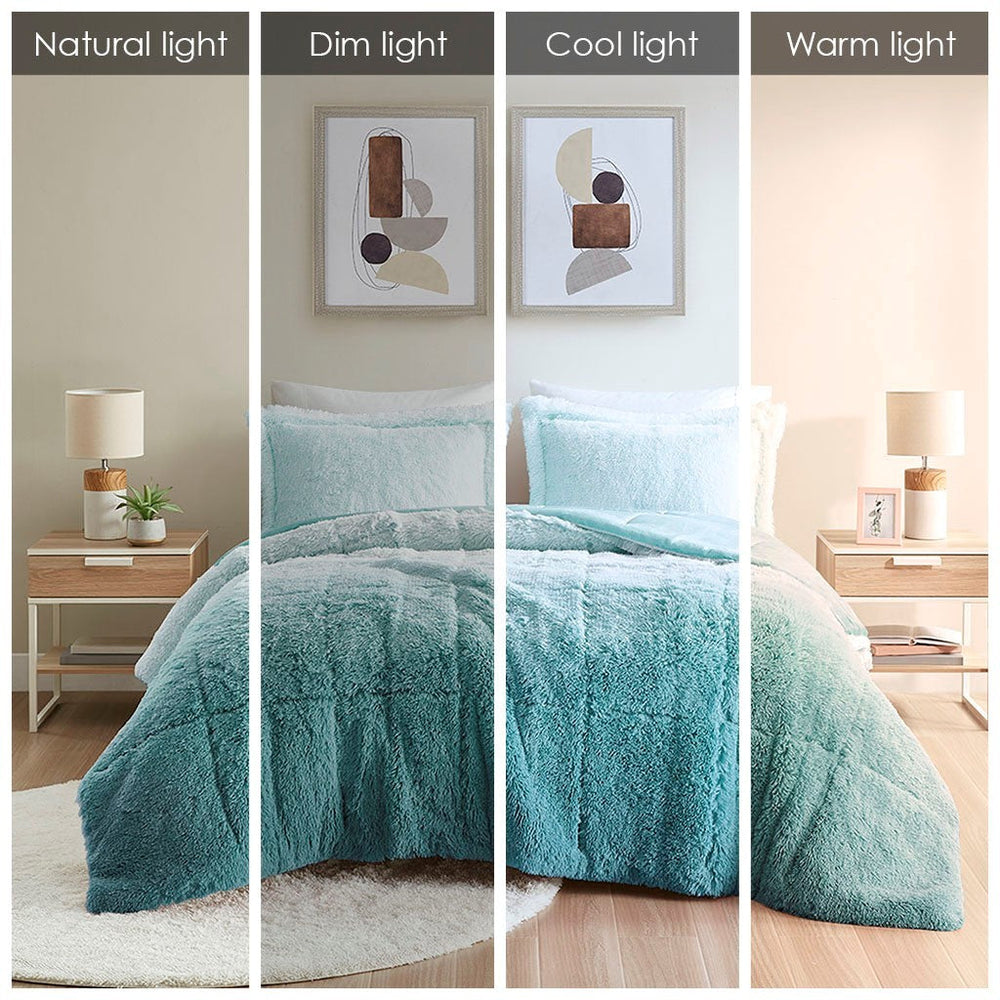Full/Queen Ombre Shaggy Long Fur Comforter Mini Set Media 2
