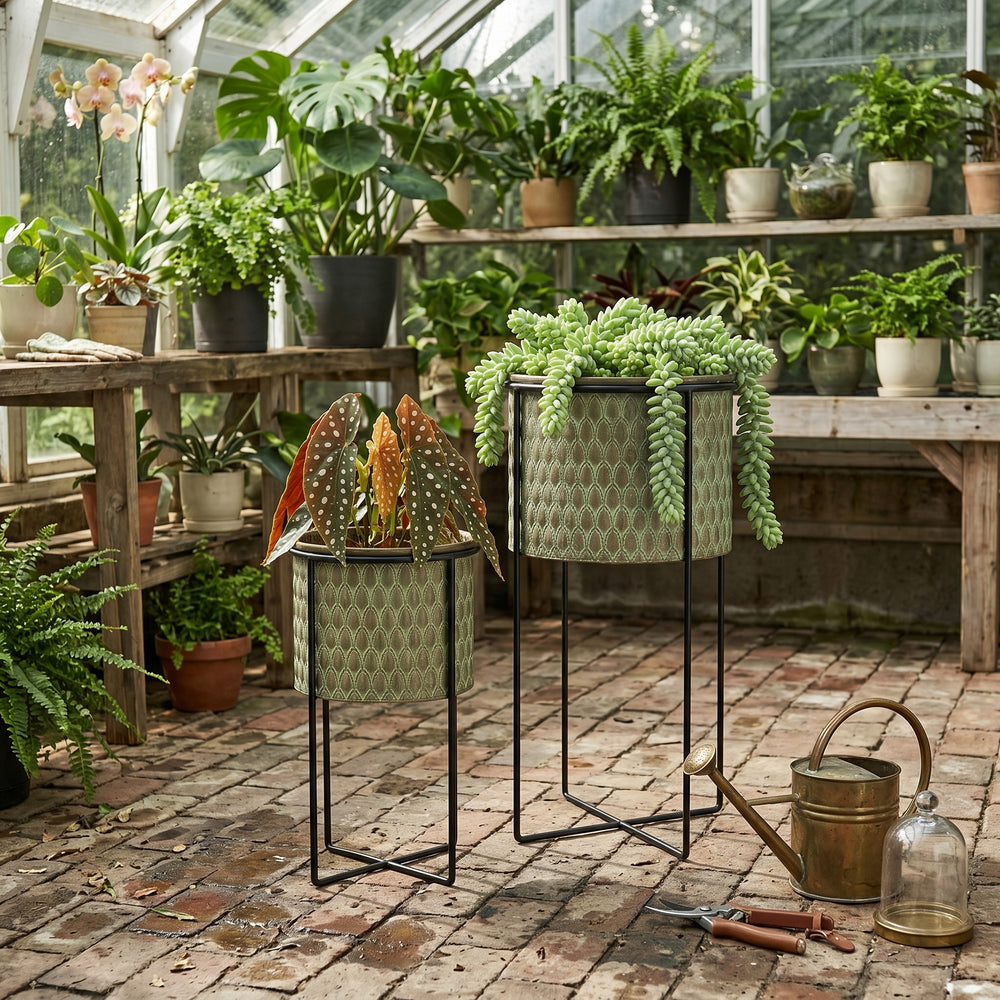 S/2 Textured Green Iron Planters with Sleek Black Stands Media 1