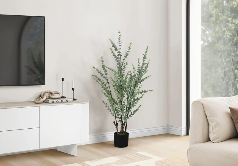 Artificial Plant, 44' Tall, Eucalyptus Tree, Indoor, Faux, Fake, Floor, Greenery, Potted, Real Touch, Decorative, Green Leaves, Black Pot