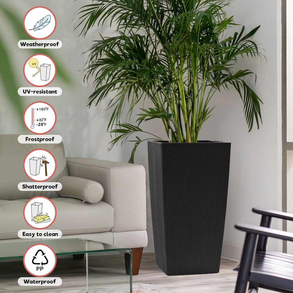 Black Faux Rattan Large Flower Pot with Self-Watering System, 30 in Tall Indoor Outdoor Planter Featuring Drainage Holes, Inner Tray & Water Level Monitor Media 7