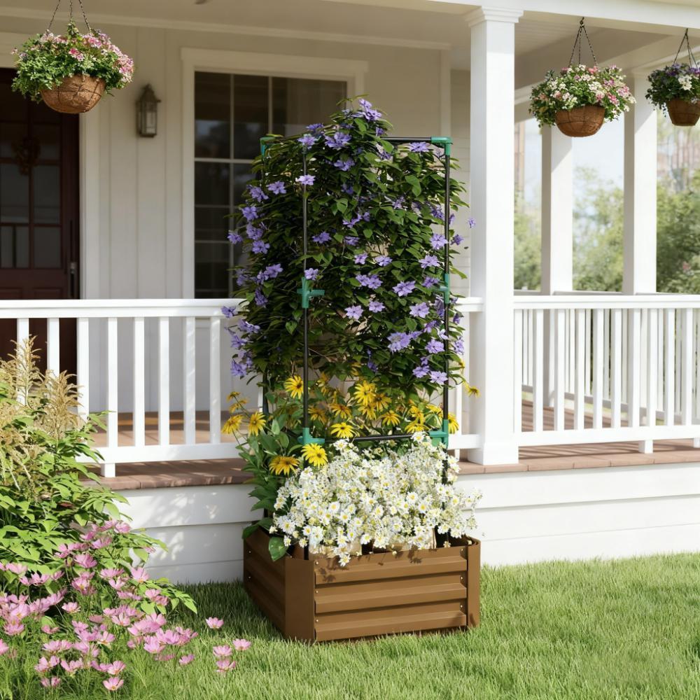 Garden Bed,Raised Garden Bed,Galvanized Planter Box with Cage for Climbing Vines Media 7