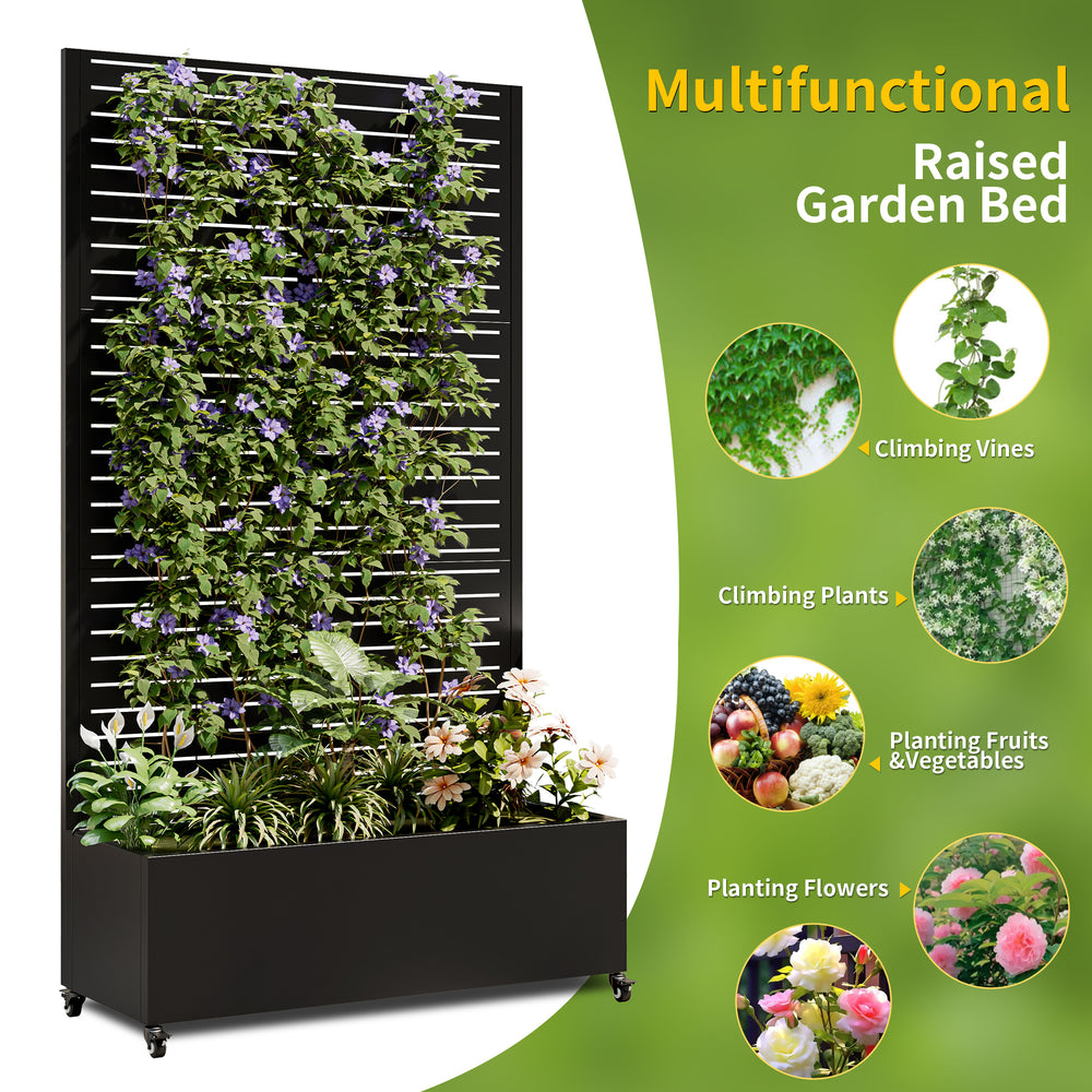 Metal Planter Box with Trellis, 73'x35'x16 Metal Raised Garden Bed with Trellis, Metal Planter Box with Drainage Holes & Lockable Wheels & Privacy Screen for Climbing Plants, Vegetables, Vines Media 10