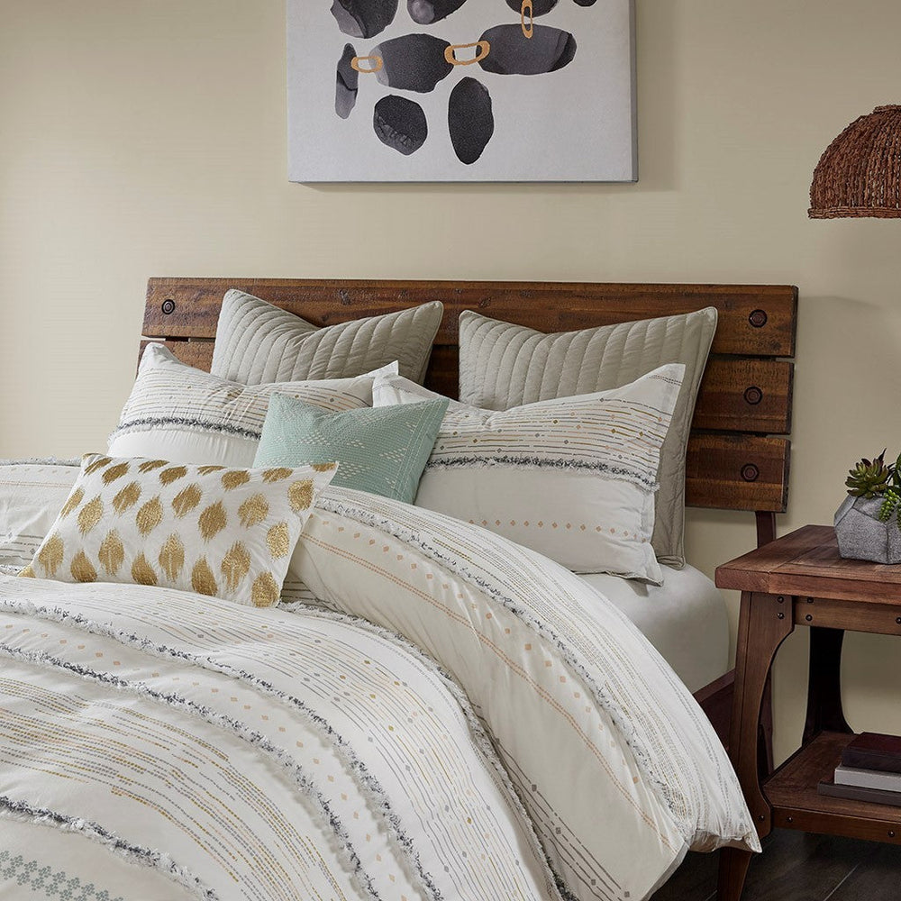 Cotton Printed Comforter Set with Trims Off White/Gray King/Cal King Media 2