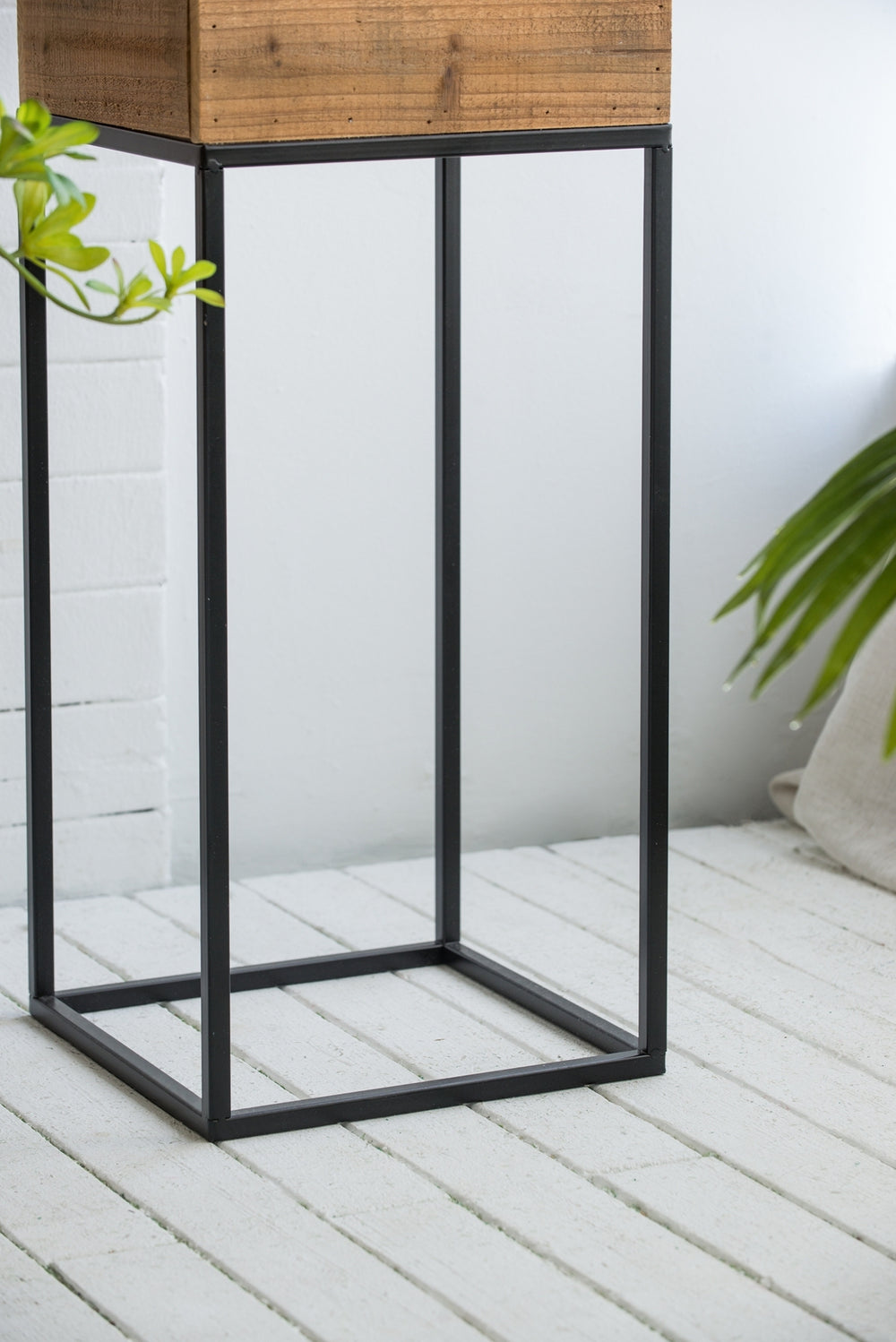 Set of 2 Reclaimed Wooden Box With Black Iron Stand, L:11x11x29.5' S:8.5x8.5x21.5' Media 11