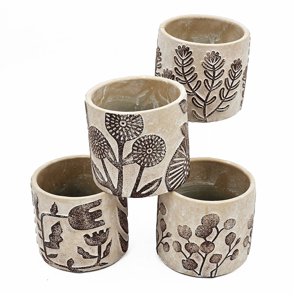 Set of 4 4.3x4.3x4' Gray Sand and Cement Planters with Brown Botanical Motifs Media 4