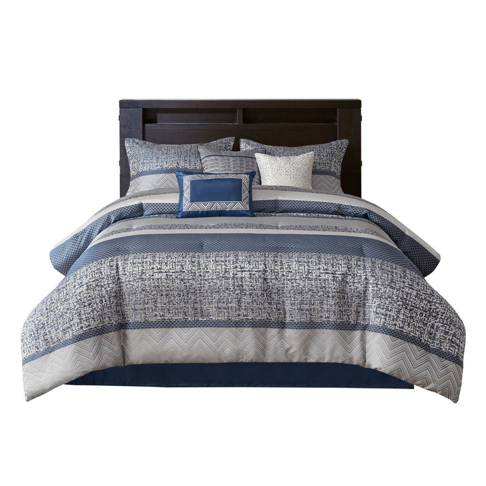 7 Piece Jacquard Comforter Set Navy Queen Media 3
