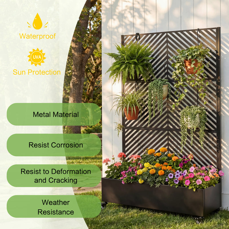 Metal Raised Garden Bed with Wheels and Trellis,73'x47'x16' Planter Box for Climbing Plants, Vegetables & Vines, Features Privacy Screen and Drainage Holes