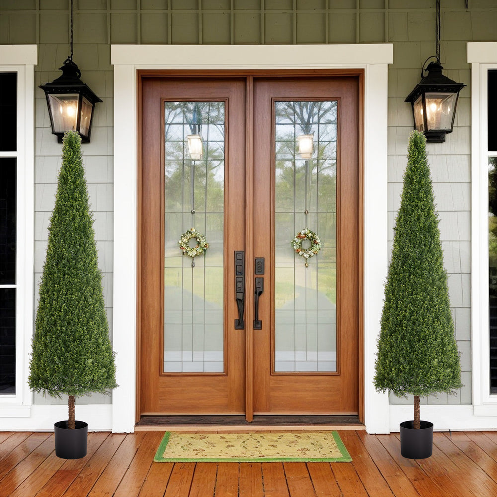 6FT Artificial Conical Topiary Trees  UV Resistant Faux Cedar Bushes and Evergreen Shrubs, Fake Potted Plants for Front Porch Outside Planter Decor, 1pc/set Media 11