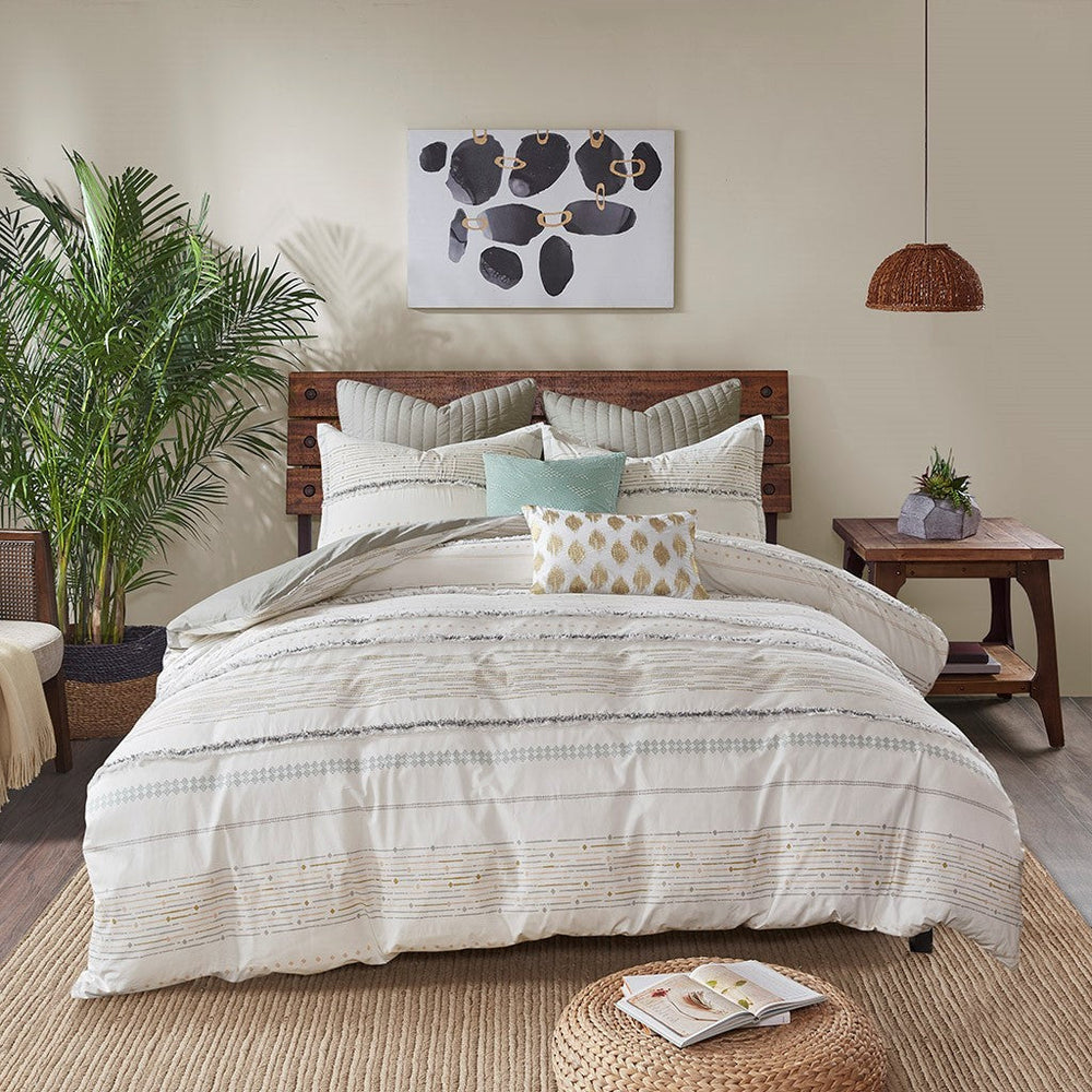 Cotton Printed Comforter Set with Trims Off White/Gray King/Cal King Media 11
