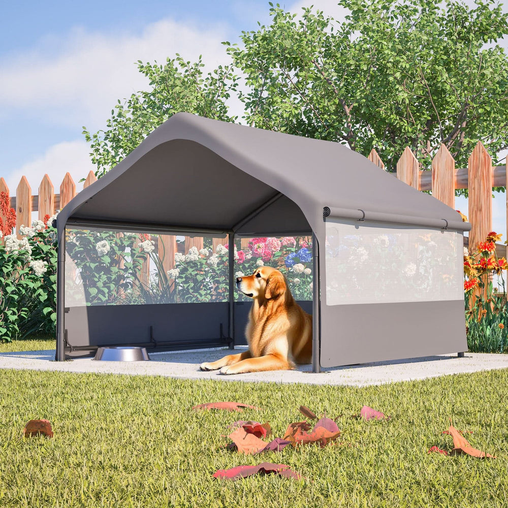 Extra Large Outdoor Dog House Tent with 3-Sided Mesh Windows, Breathable Sun Rain Cover Pet Shelter with Canopy and Ground Stakes for Dogs, Cats, Livestock – 4' x 4' x 3.3', Gray Media 9