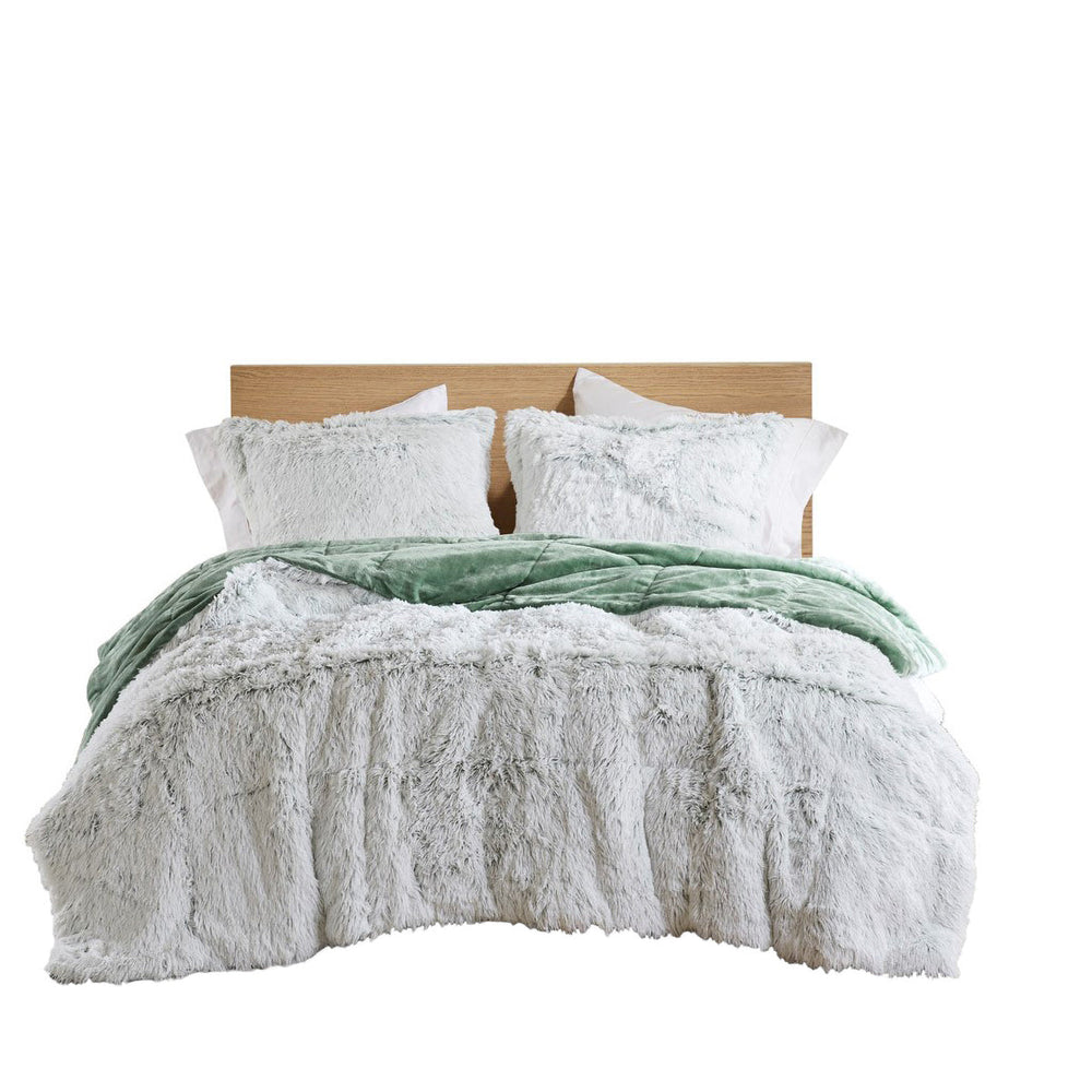3 PCS Full/Queen Shaggy Faux Fur Comforter Mini Set Green/White Media 6