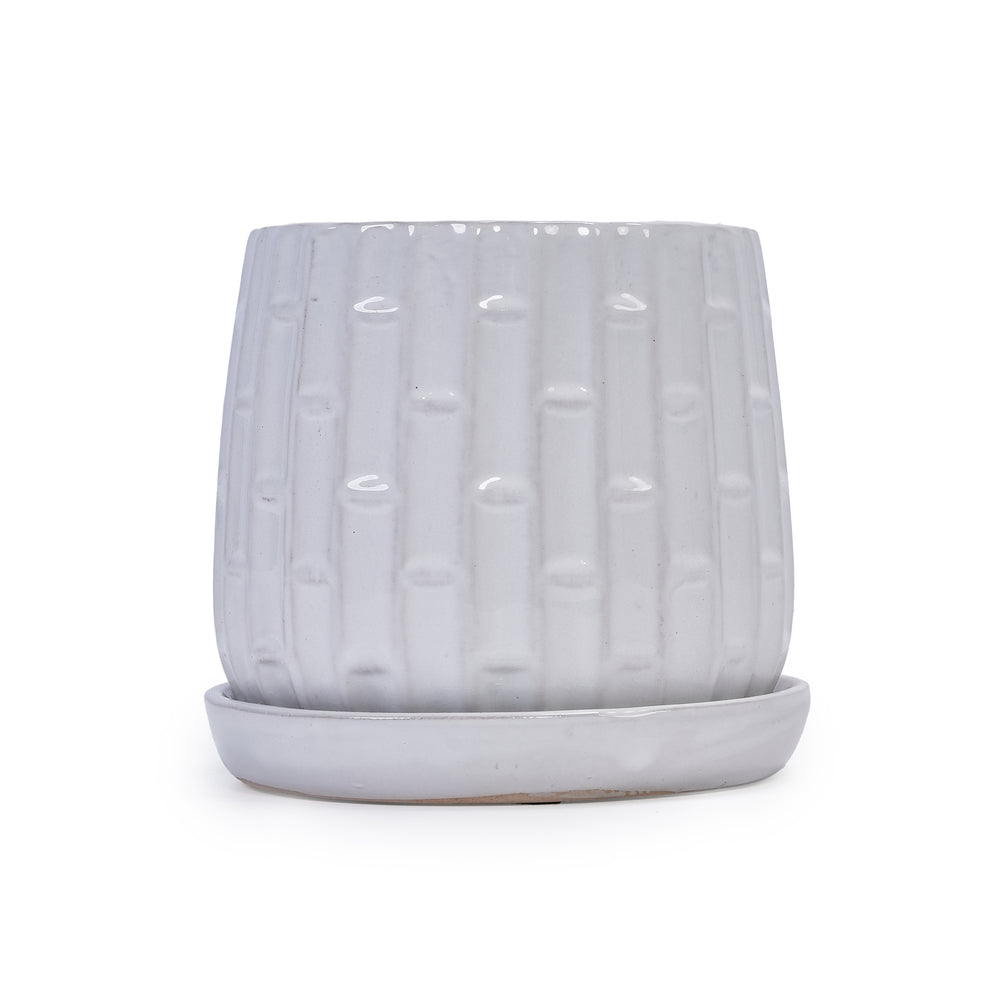 Handmade White Glazed Ceramic Planter Set of 2, 6' & 8' Diameter, Bamboo-like Pattern, for Orchids Indoor/Outdoor Shelf & Table Use, Breathable Clay Media 10