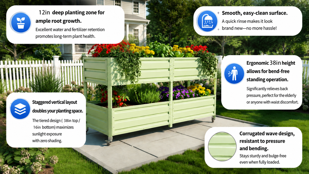 Dual Tier Elevated Metal Raised Garden Bed with Lockable Wheels, Staggered 2-Layer Raised Planter Box for Vegetables Herbs Flowers, Outdoor Patio Backyard Green Planting Bed,Green Media 23