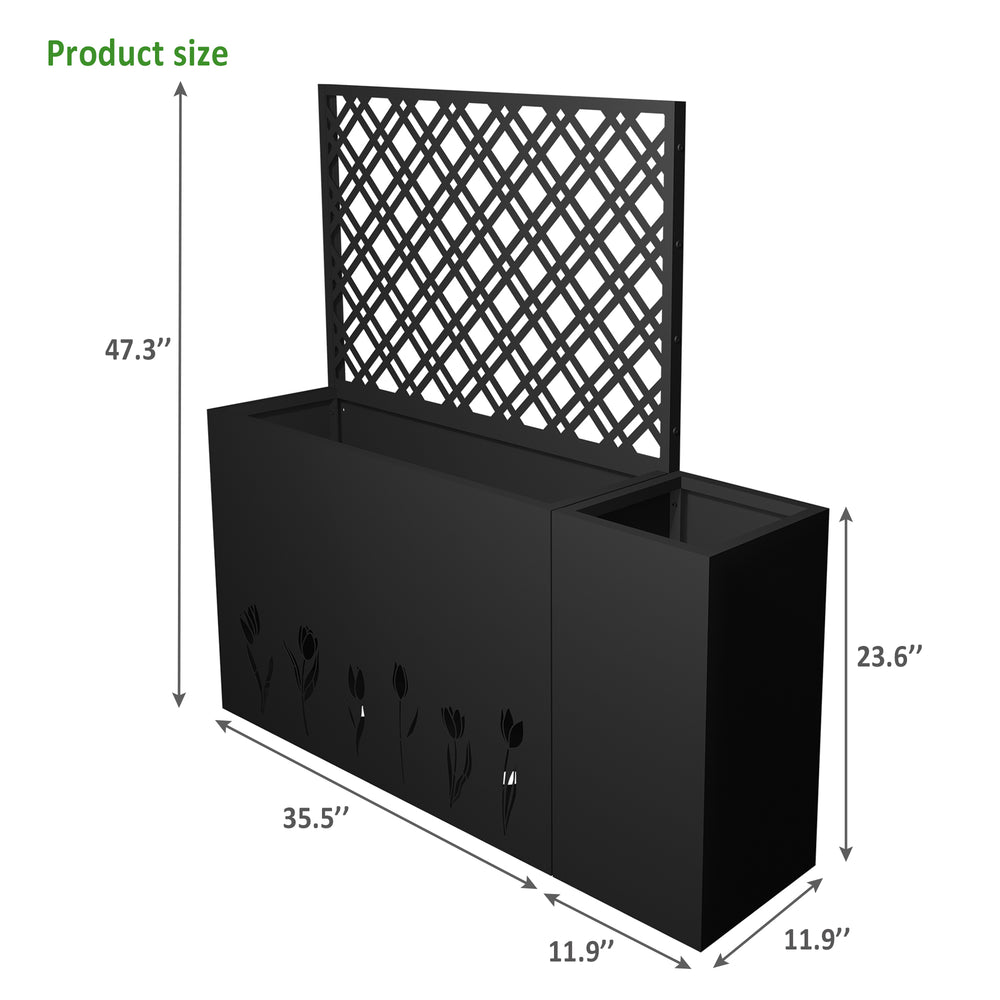 2-Piece Metal Planter Box with Trellis - 23.6in Depth Raised Garden Bed for Outdoor Indoor Use, Rust-Resistant Galvanized Steel Flower Planter with Drainage Holes, Tulip Black Media 3