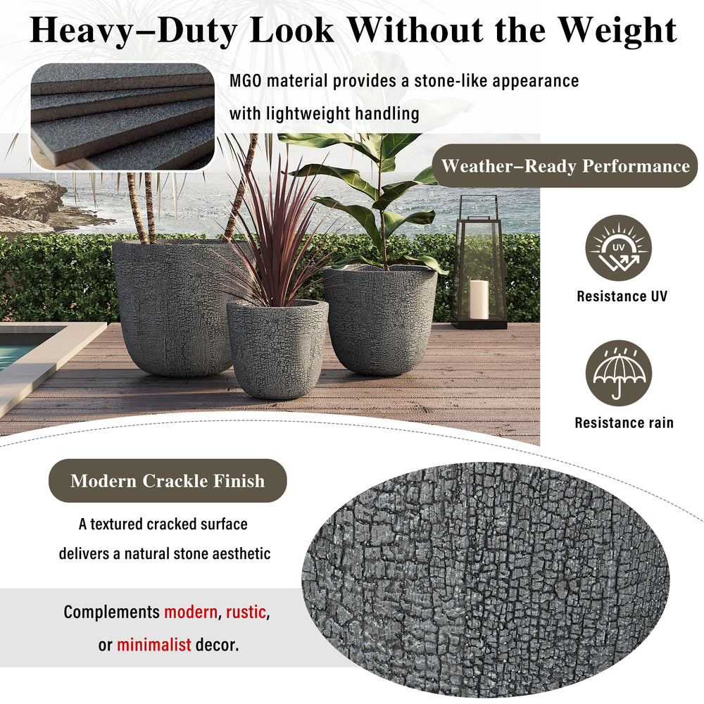 U_STYLE Lightweight MGO Planter Set of 3,16.93'+13.78'+11.02' Dia Round Concrete Stackable Flower Pots with Drainage Holes and Rubber Plug,Crackle Stone Texture for Patio Garden Balcony Indoor Outdoor Media 5