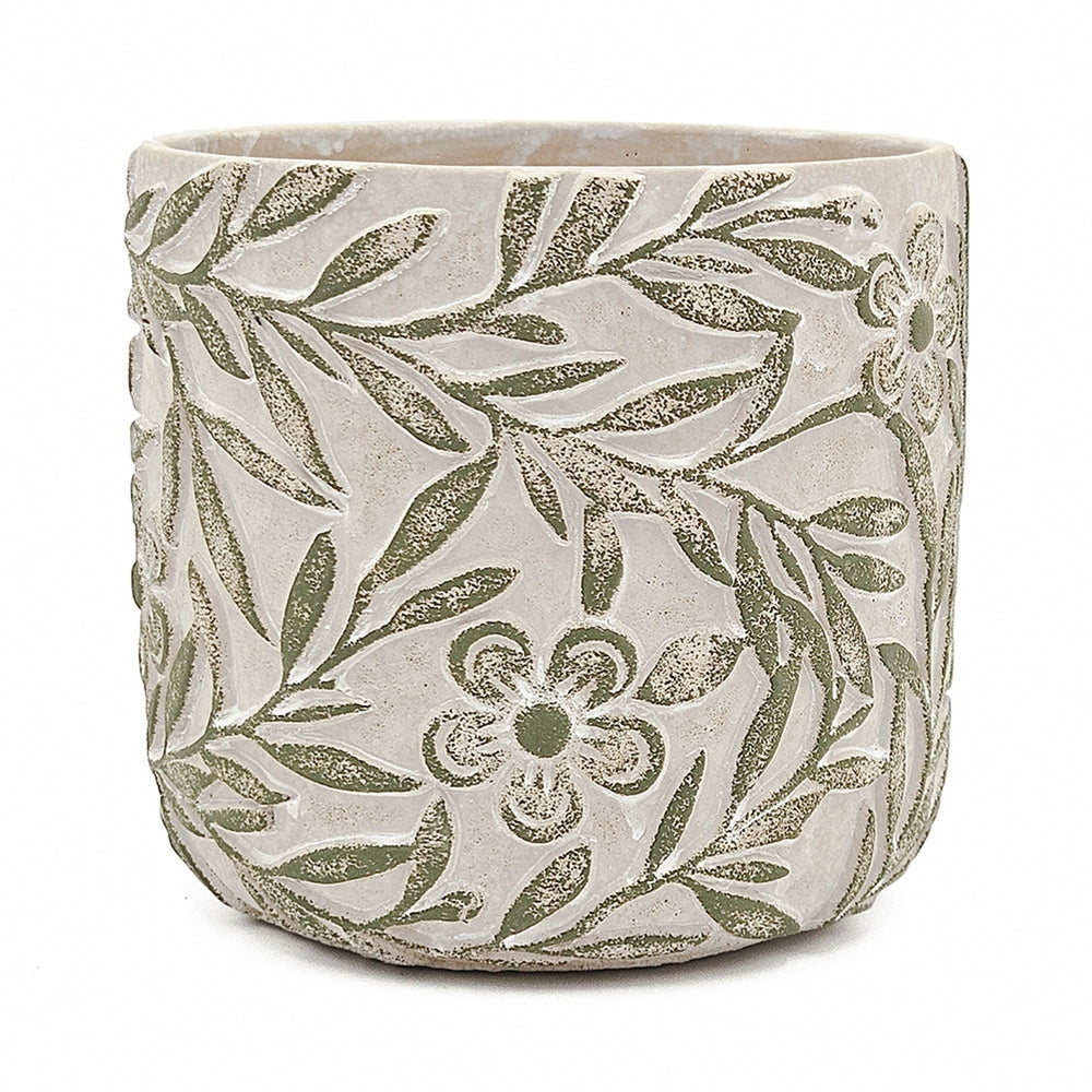 S/2 Gray Sand and Cement Planters with Etched Green Floral Motif, L:D6.7x6.3' S:D5.5x5' Media 5
