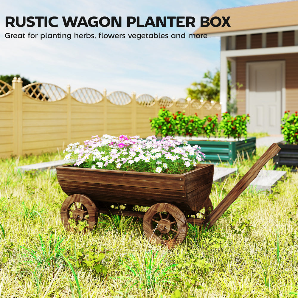Outsunny Wooden Wagon Planter Box, Mobile Garden Planter with 4 Wheels, Small Wheelbarrow Wagon Flower Cart with Drainage Hole Media 7