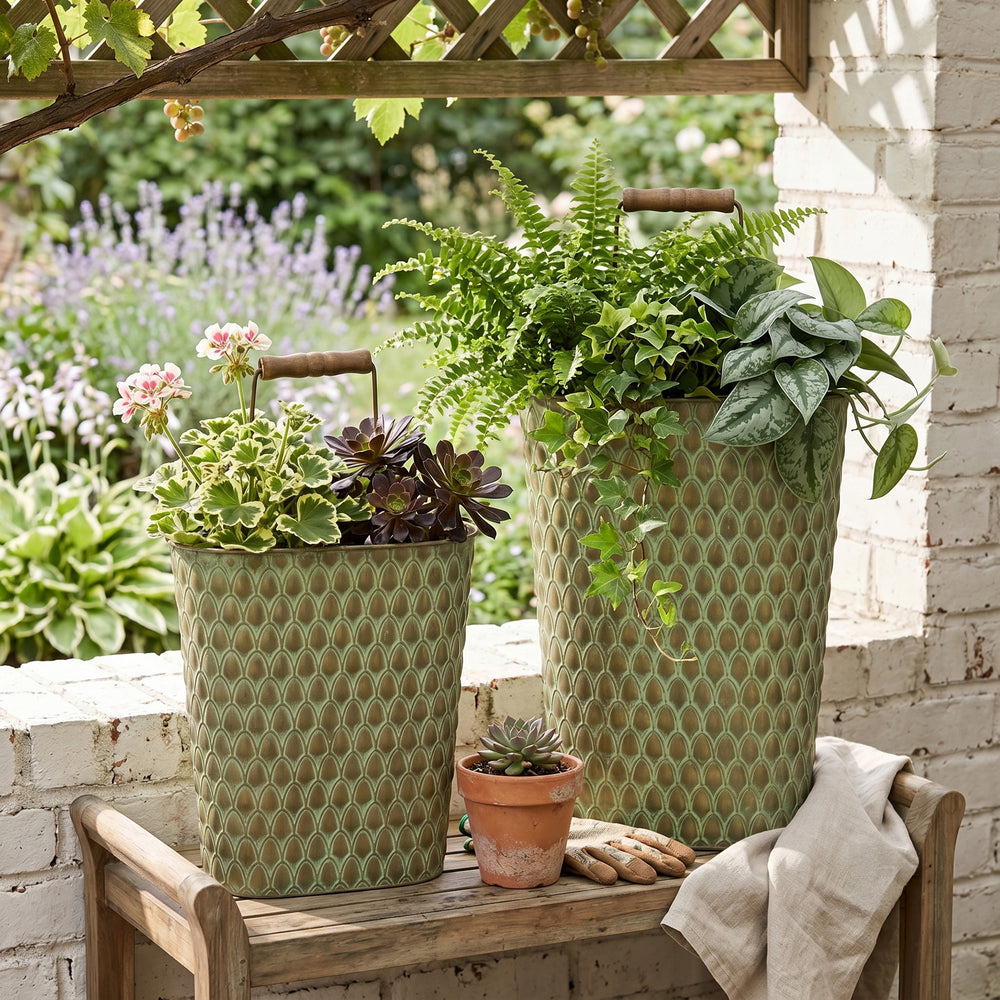 S/2 Textured Green Iron Hanging Planters with Arched Handles Media 5